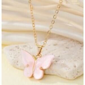 Butterfly Necklace Gold Tone Chain Blush Pink Iridescent Shell Elegant